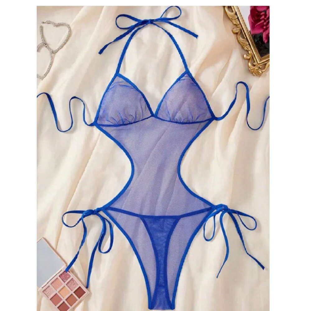 Elegant Royal Blue Mesh Halter Bodysuit - Perfect for Romantic Occasions